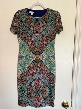 London Times Vibrant Blue & Red Paisley Mosaic Sheath Dress — Size 4